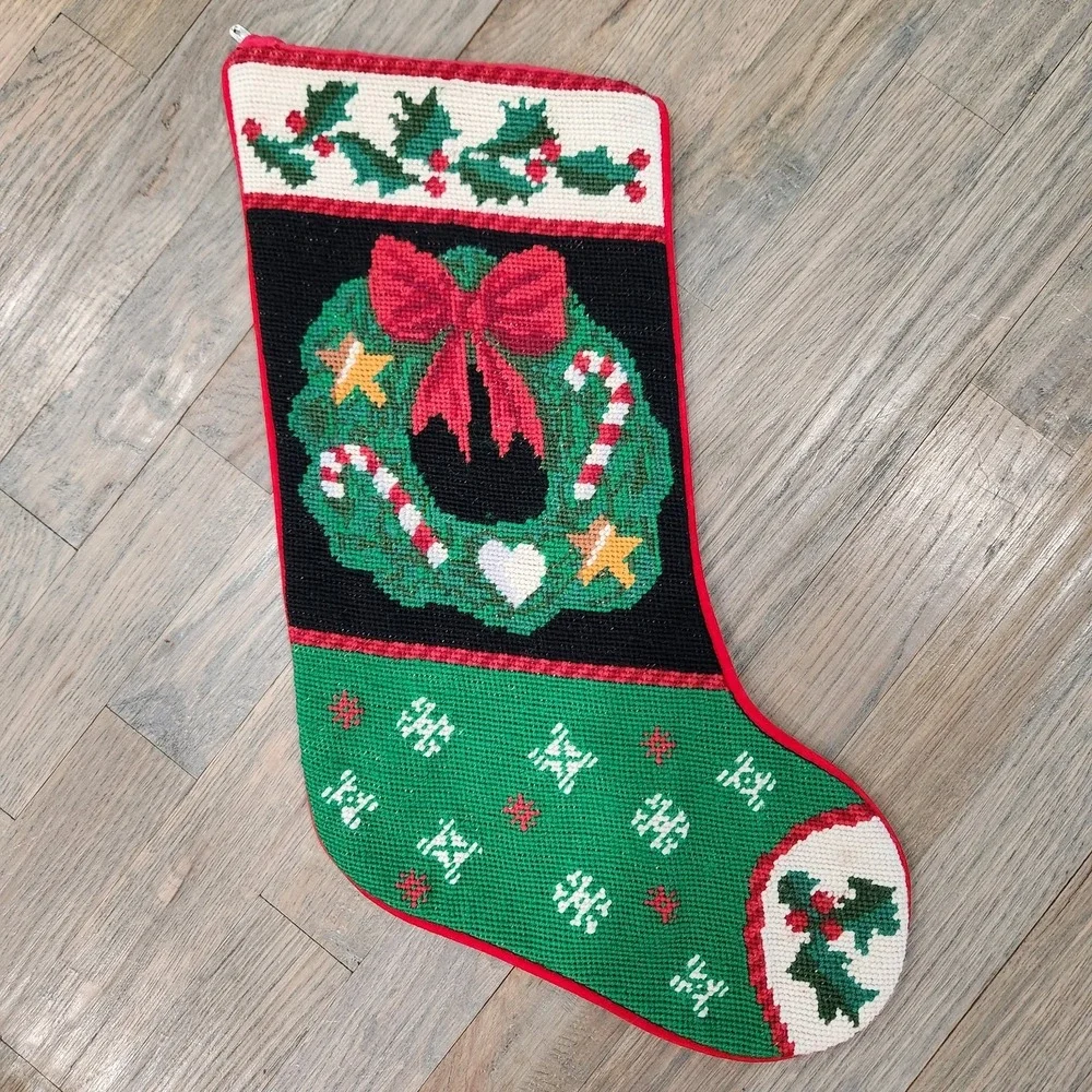 VTG Handmade Wool Needlepoint Holly‎ Wreath Candy Cane Christmas Velvet Stocking